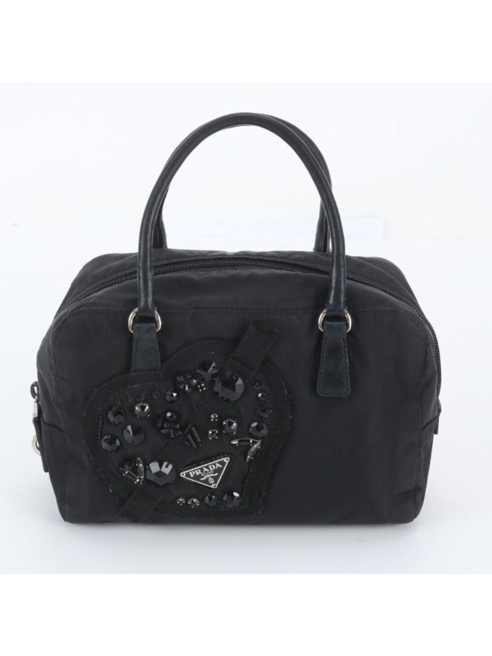 Prada Tessuto Nylon Triangle Logo White Tag Leather Handbag Tote Black
